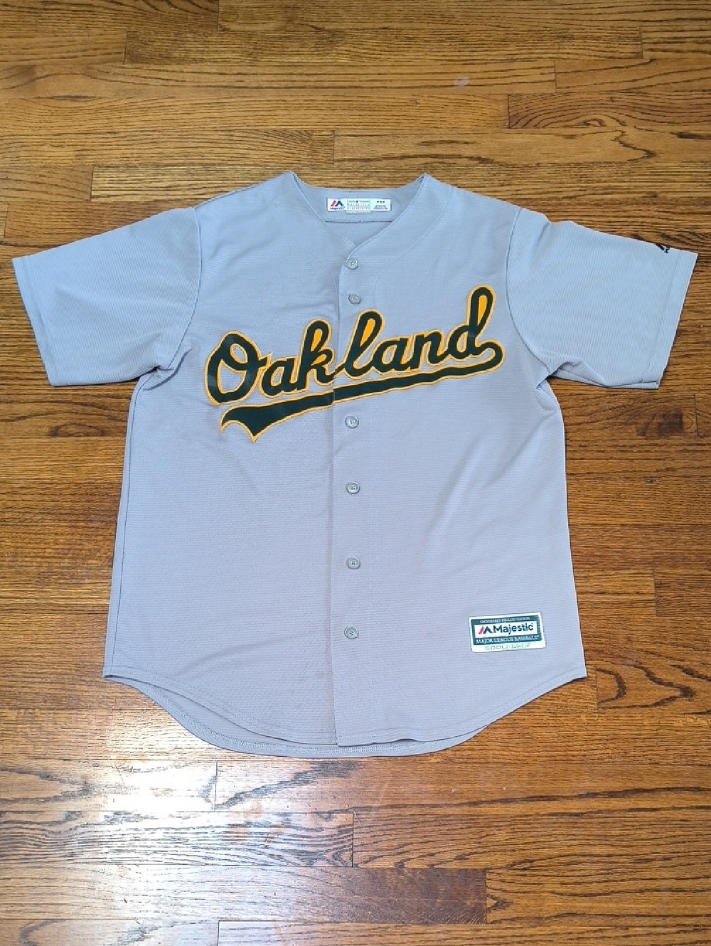 Majestic Oakland A's Baseball Jersey - Gray with Green & Gold Script